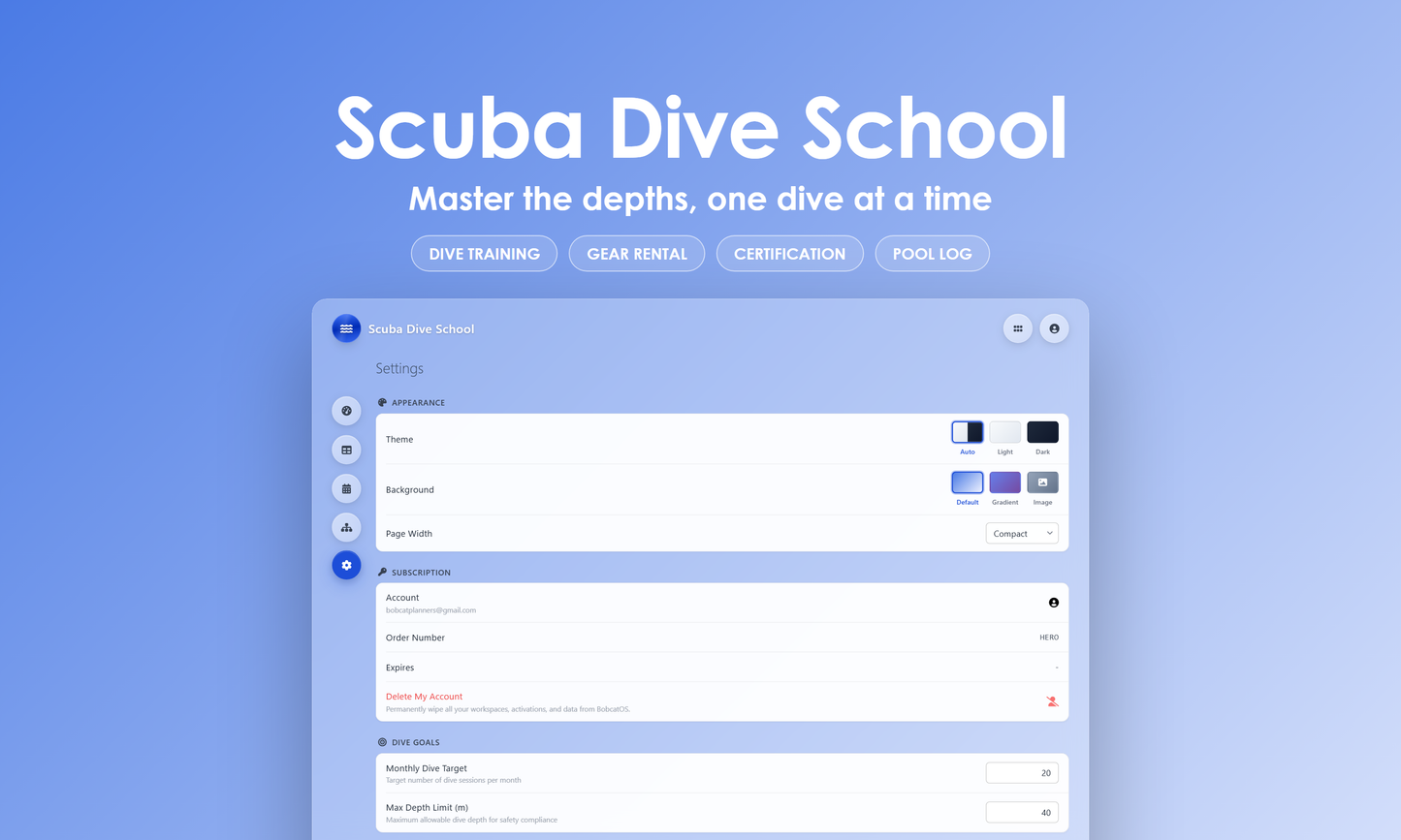 Scuba Dive School - Settings