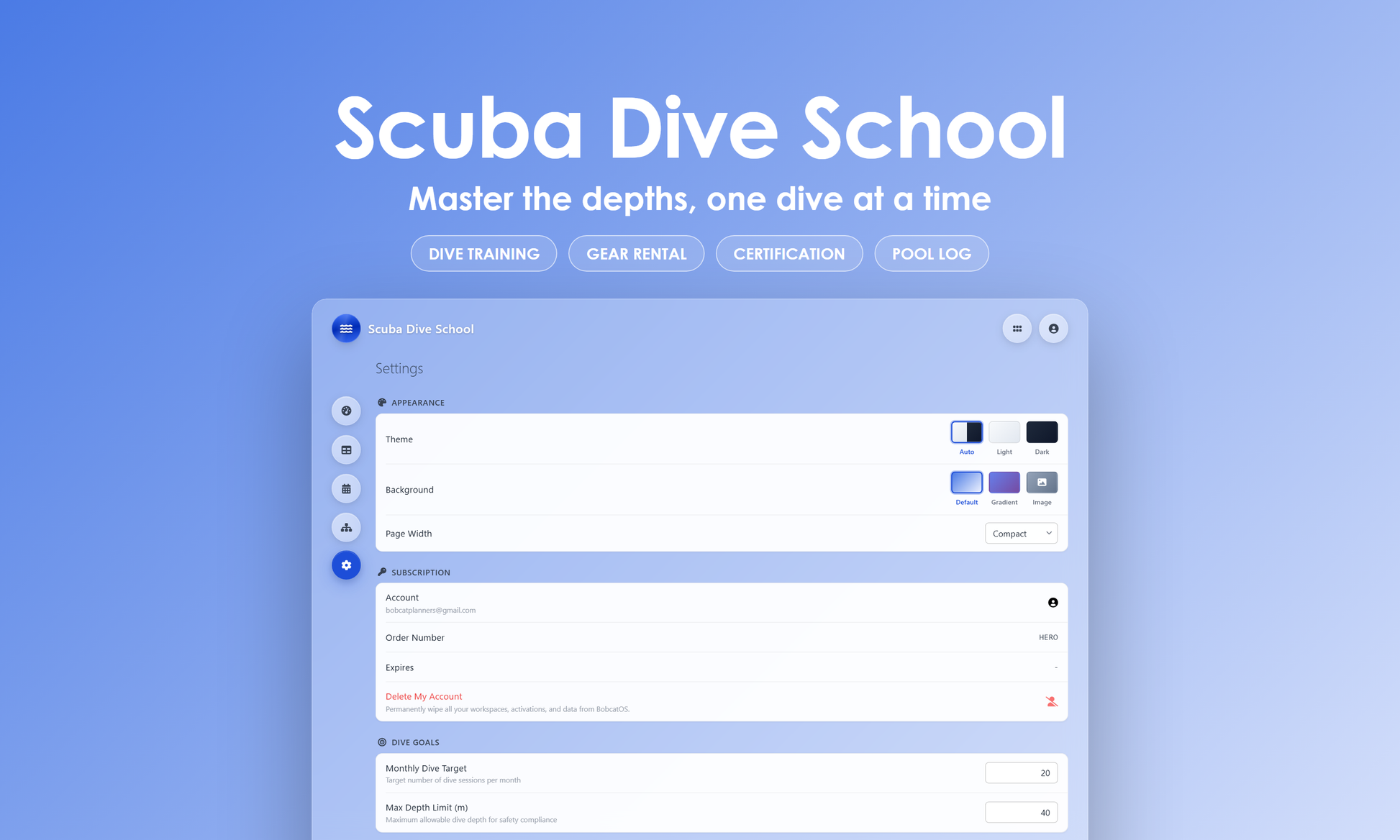 Scuba Dive School - Settings