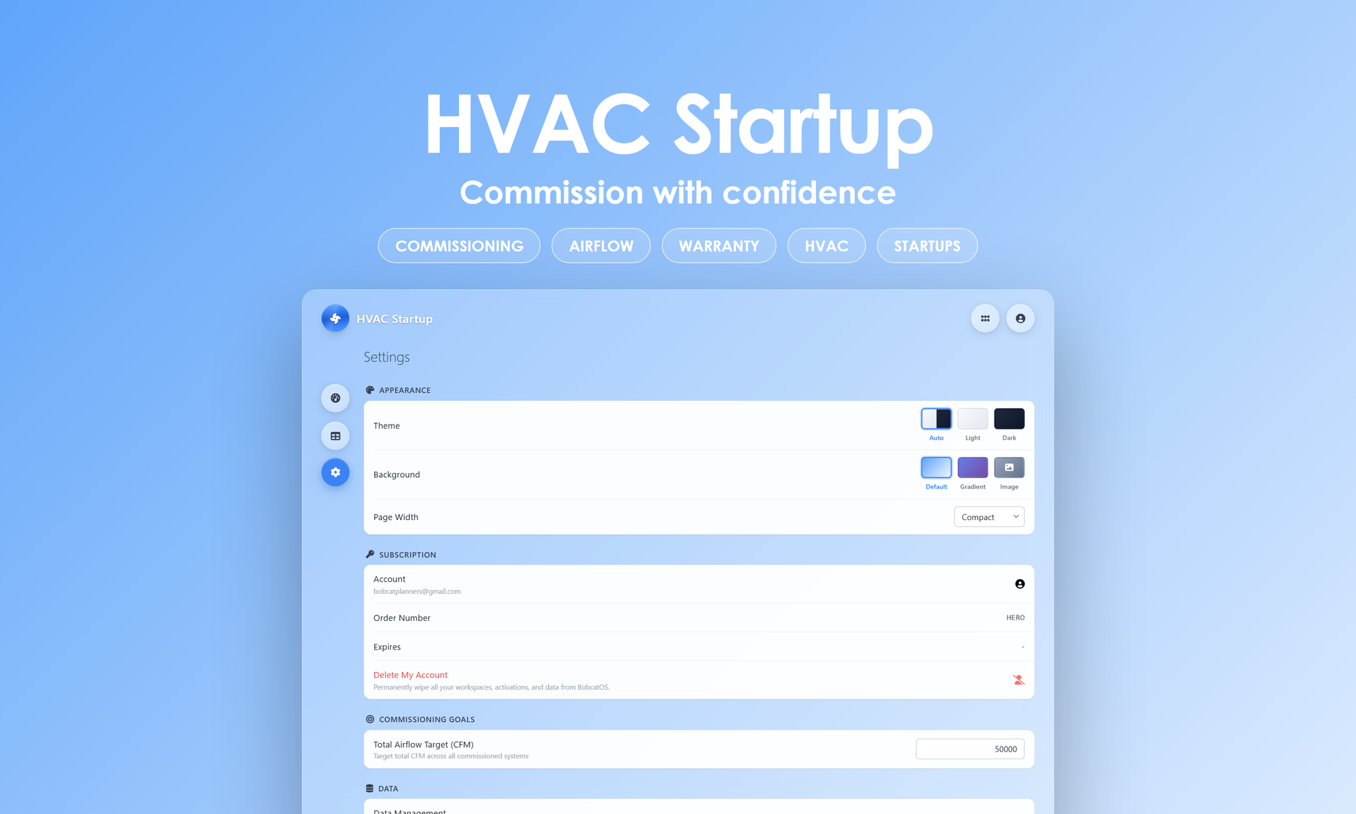 HVAC Startup - Settings