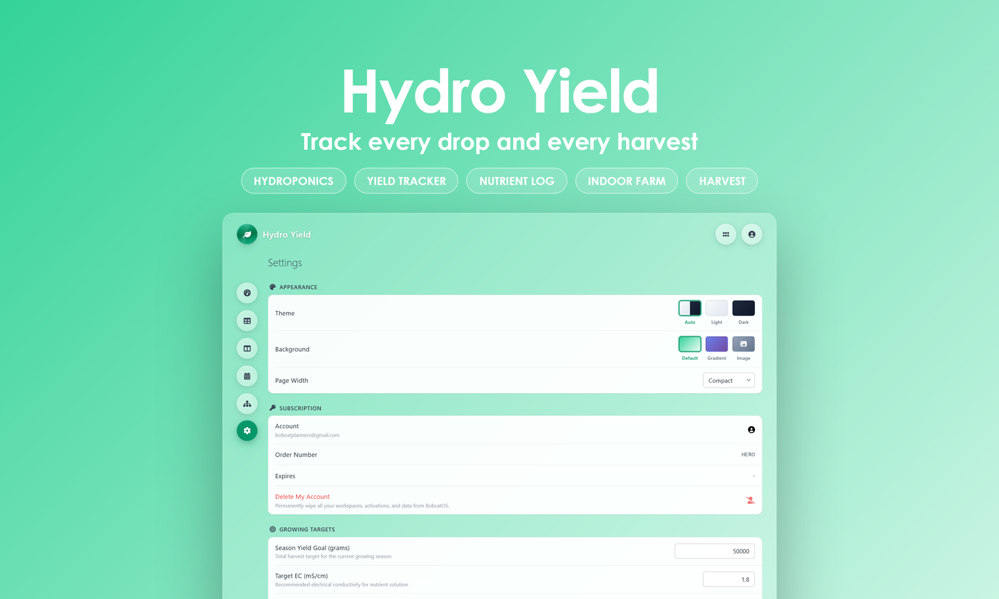 Hydro Yield - Settings