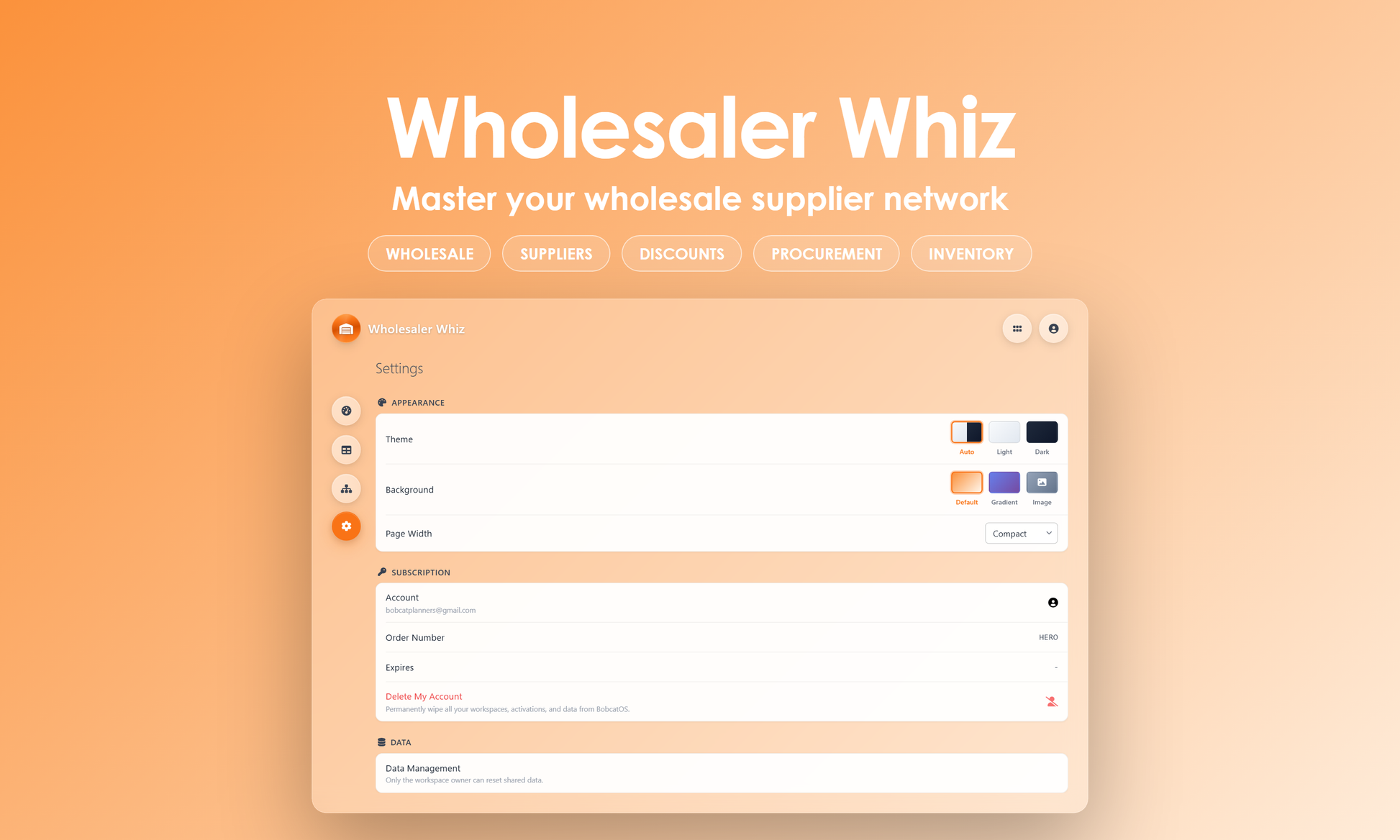 Wholesaler Whiz - Settings