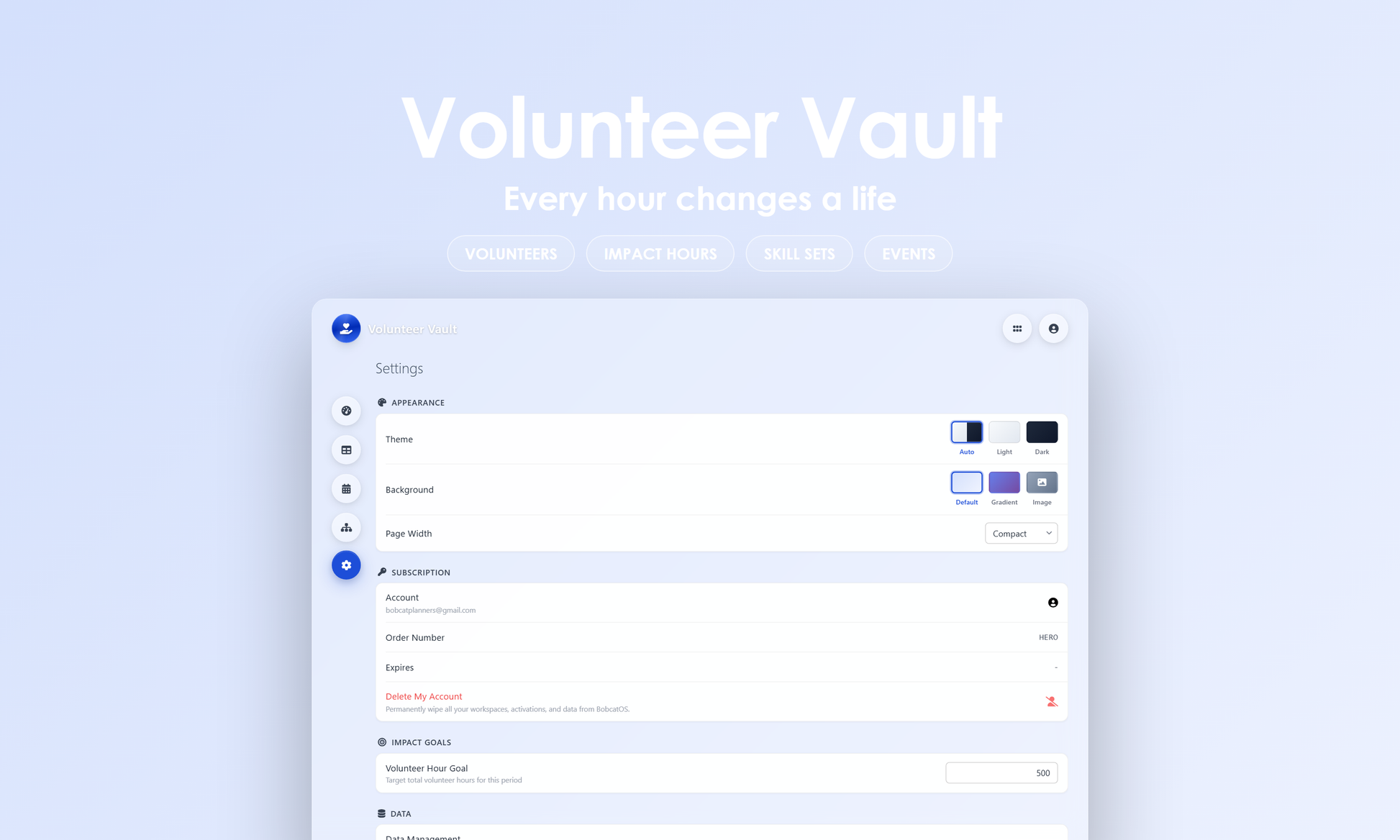 Volunteer Vault - Settings