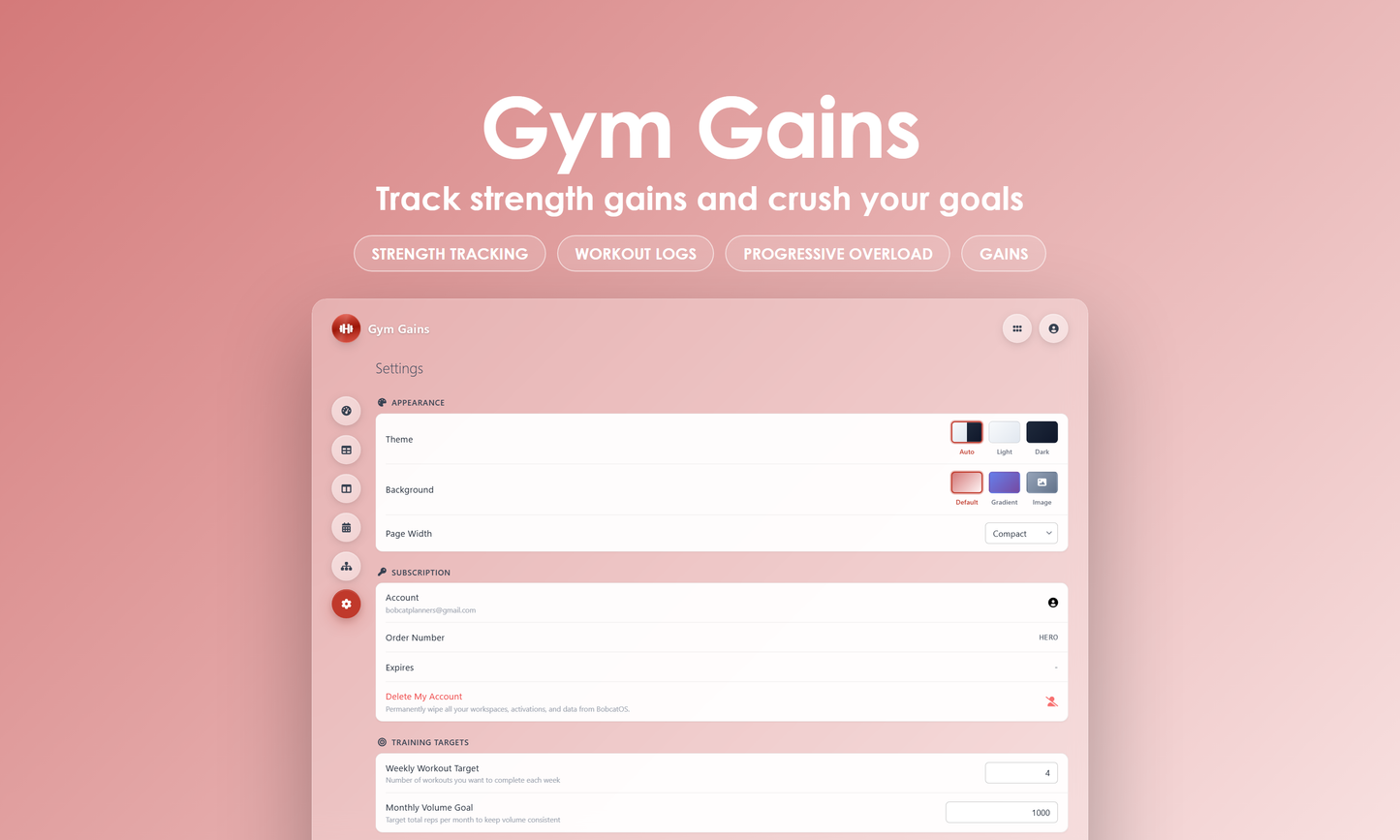 Gym Gains - Settings