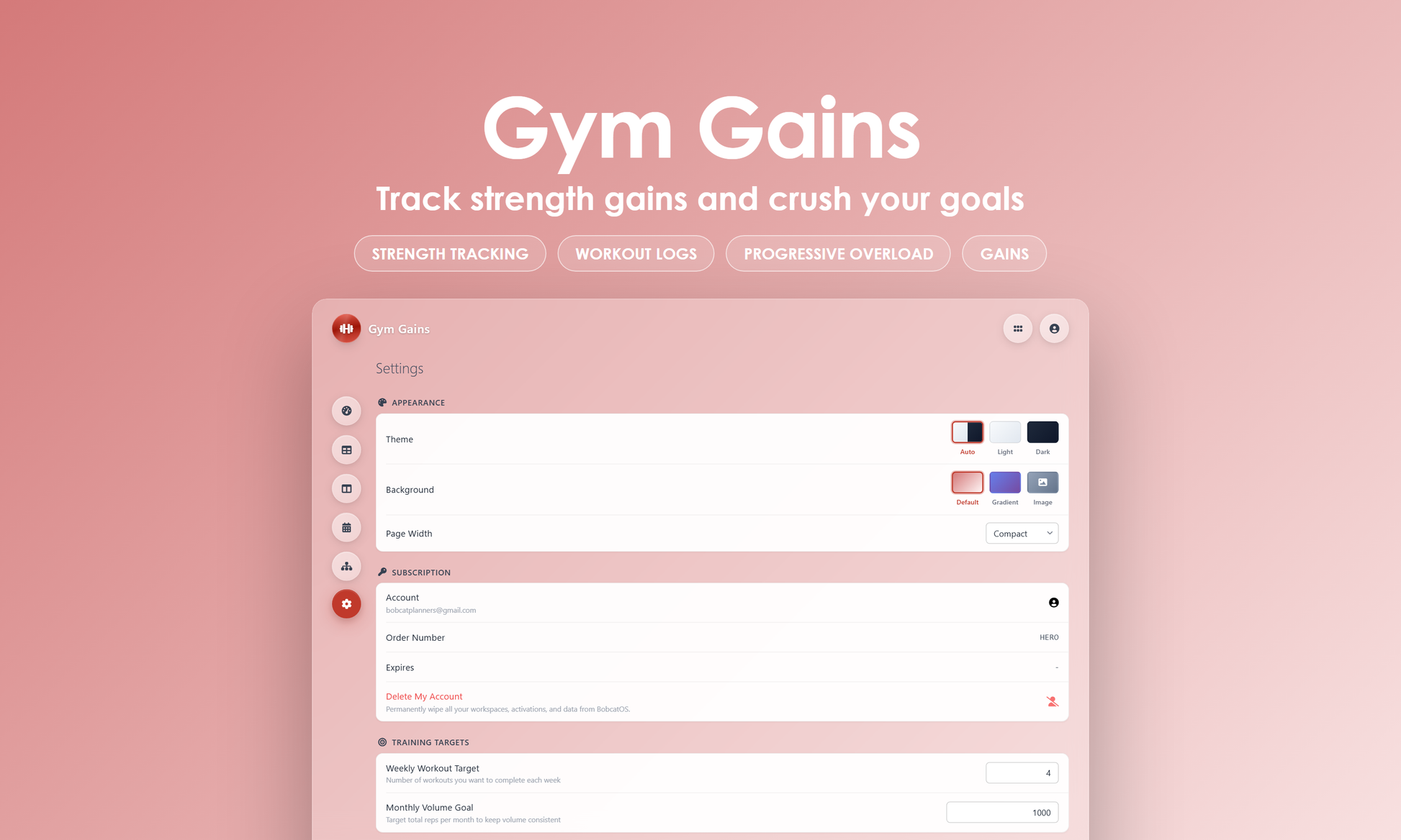 Gym Gains - Settings