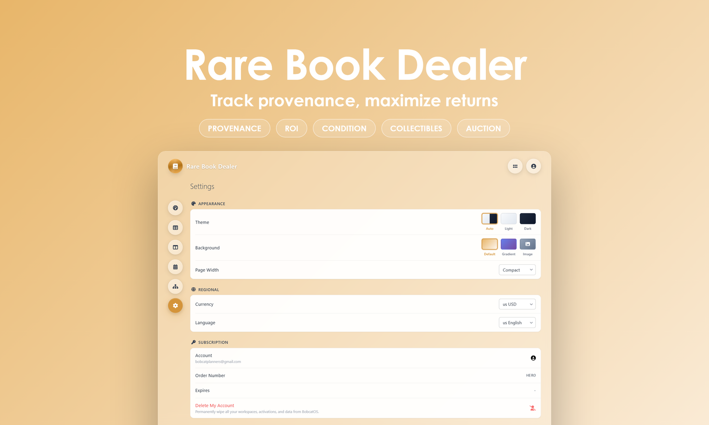 Rare Book Dealer - Settings