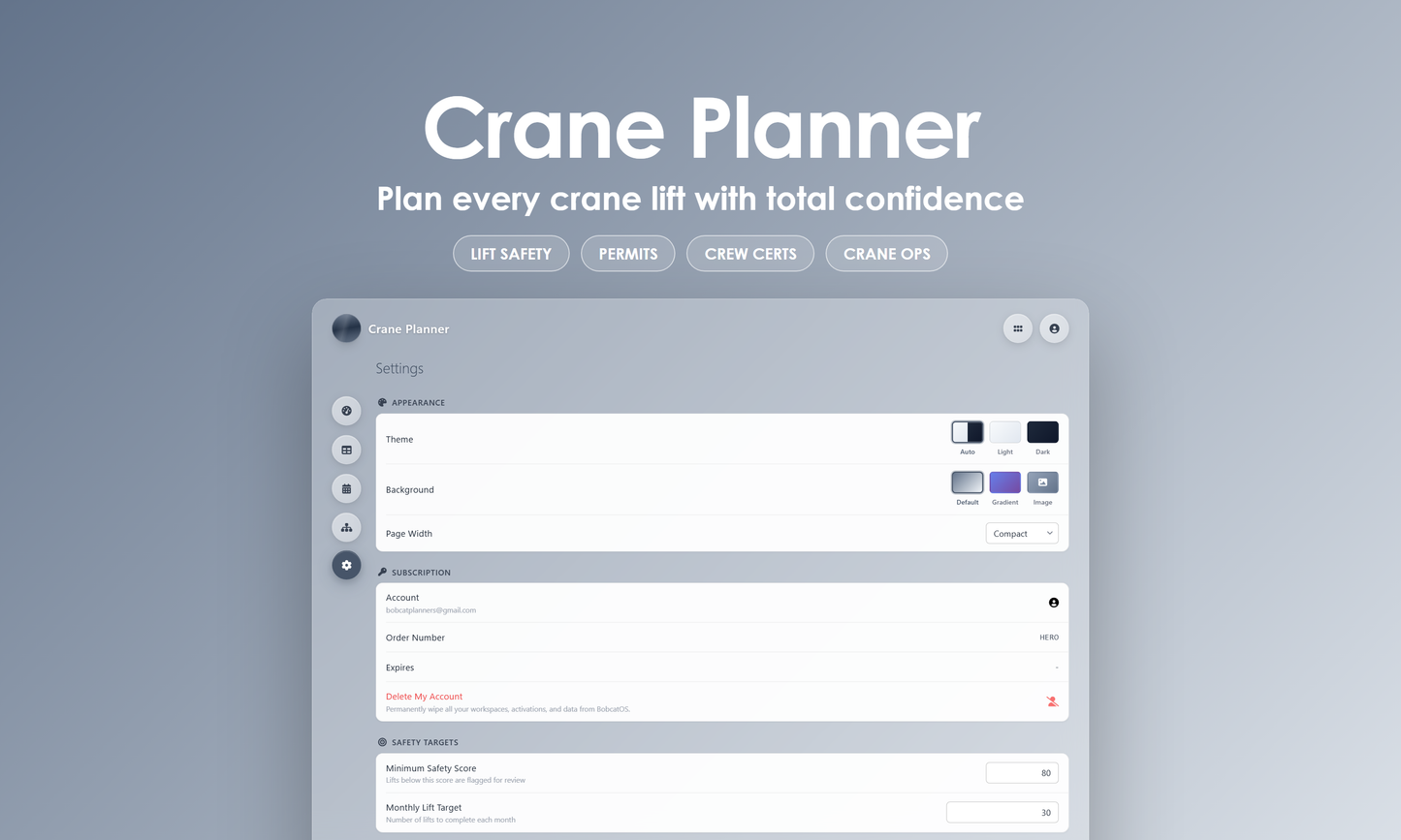 Crane Planner - Settings