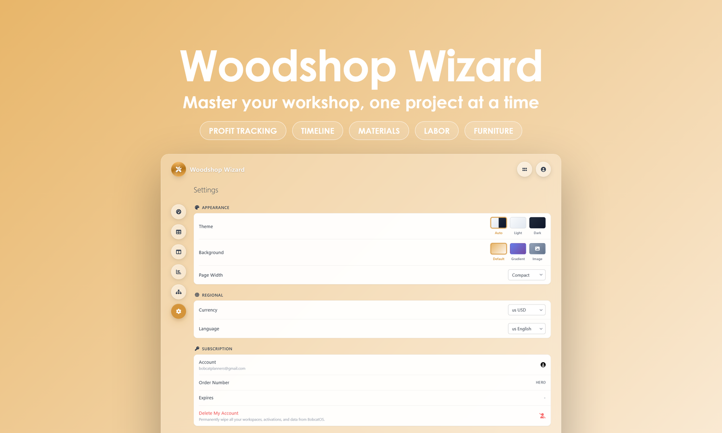 Woodshop Wizard - Settings