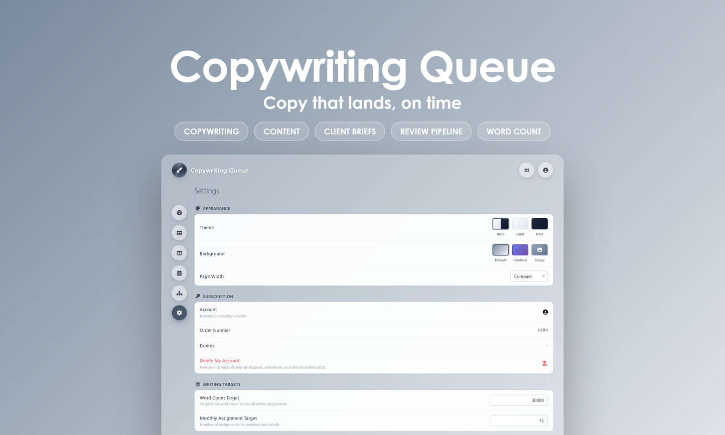 Copywriting Queue - Settings