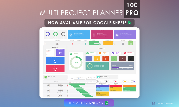 Digital Project Management Spreadsheet for 100 Projects: Plan and Track with Comprehensive Gantt View and Dashboards